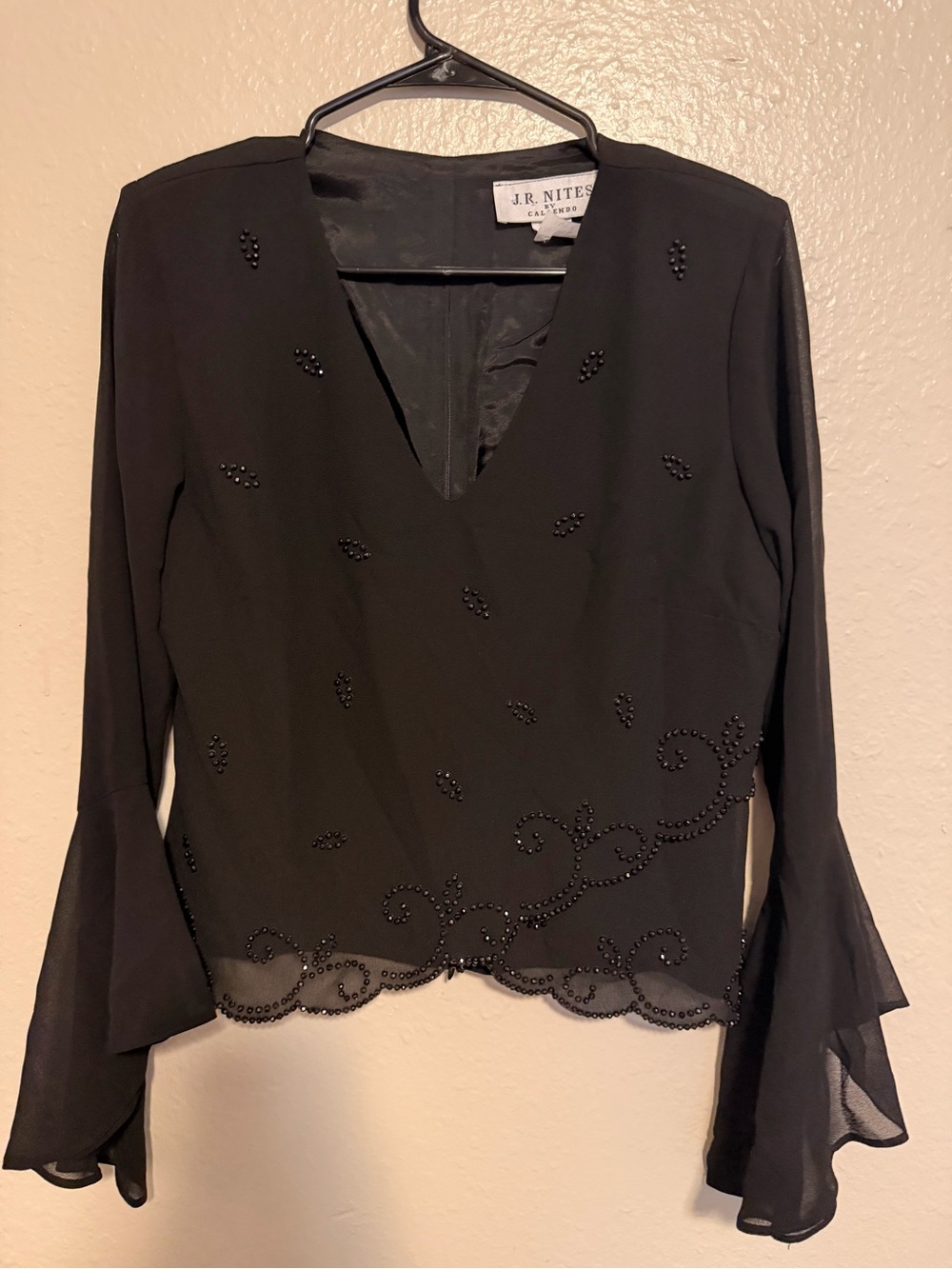 J.R. Nites Black Beaded V-Neck Blouse